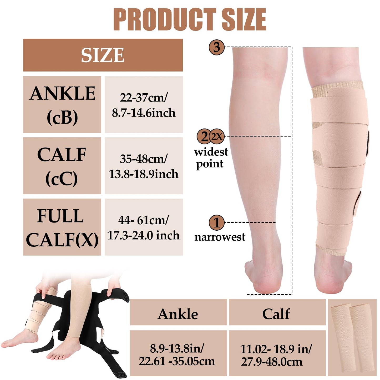 Croknit 3 Pairs Lymphedema Compression Leg Wraps Adjustable Lower Leg Cover up Medical Shin Splint Wrap for Heaviness Fatigue (Complexion)