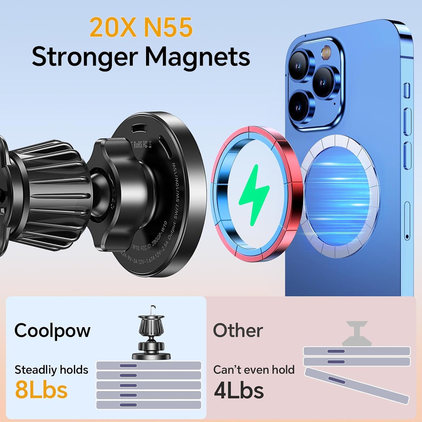 Coolpow 17 for MagSafe Car Mount ChargerUltra Magnet Magnetic Phone Holders for Your Car ChargerWindshield+Vent+Dash