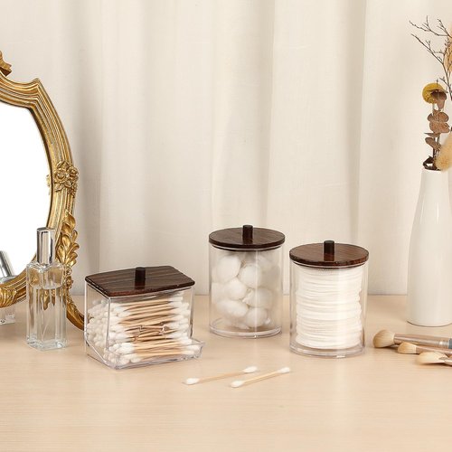 Hipiwe Acrylic Cotton Ball Holder - Clear Qtip Canister with Lid | Bathroom Organizer for Cotton Balls, Swabs, Pads - Brown