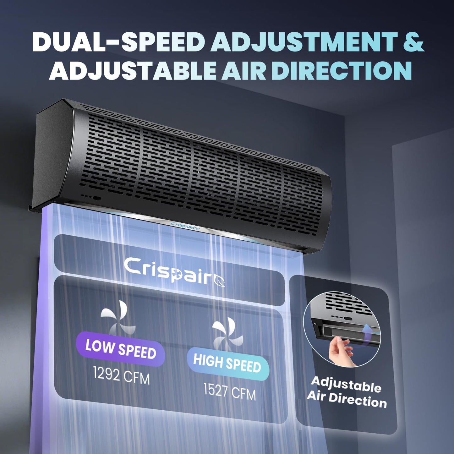 Crispaire 36" Black Air Curtain with Magnetic Door Switch 1527 CFM/2559 FPM Two-Speed Adjustable 180W Powerful Commercial Indoor Air Door Easy Installation Industrial Fan (Not an air conditioner)