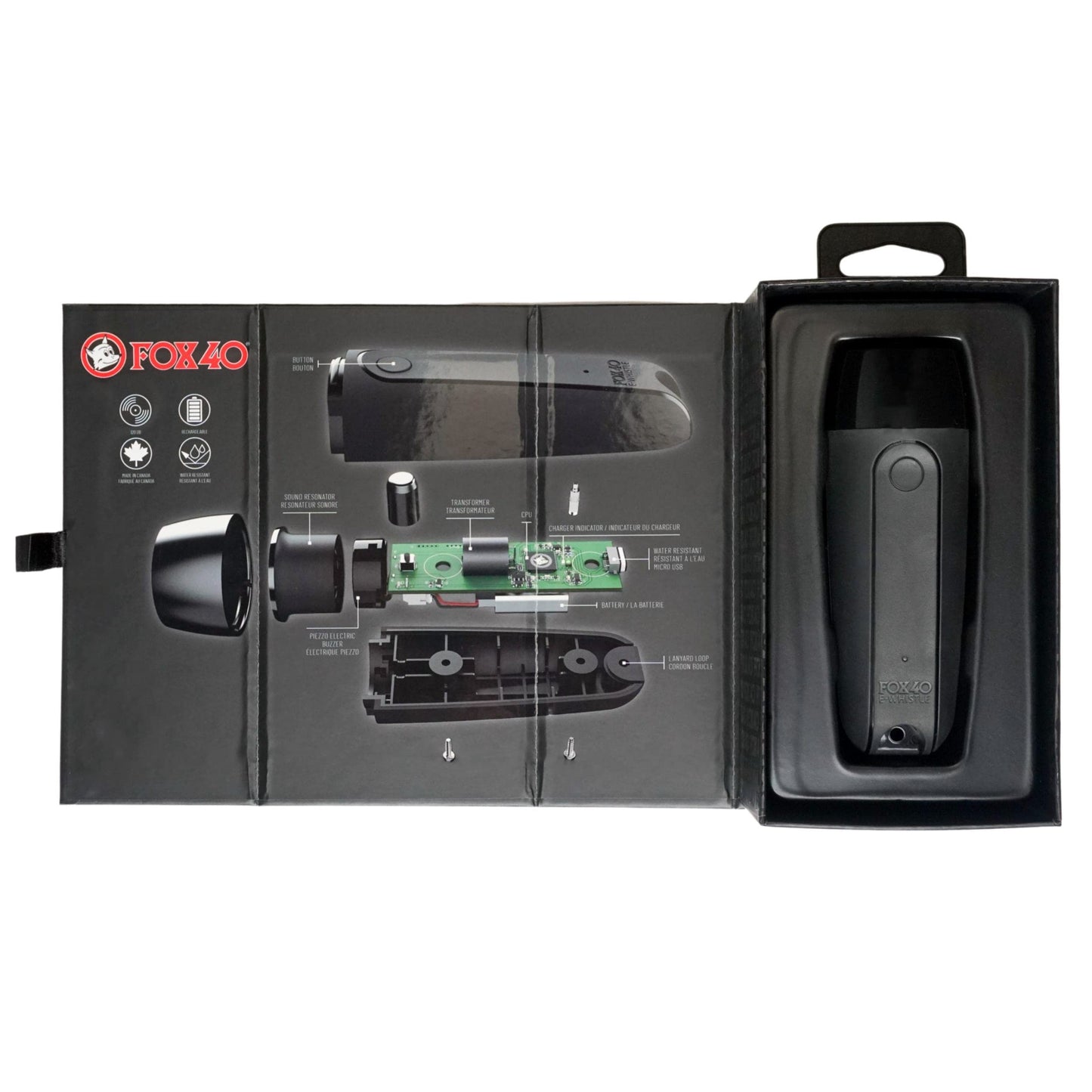 Fox 40 Rechargeable Electronic Whistle + Lanyard, Black