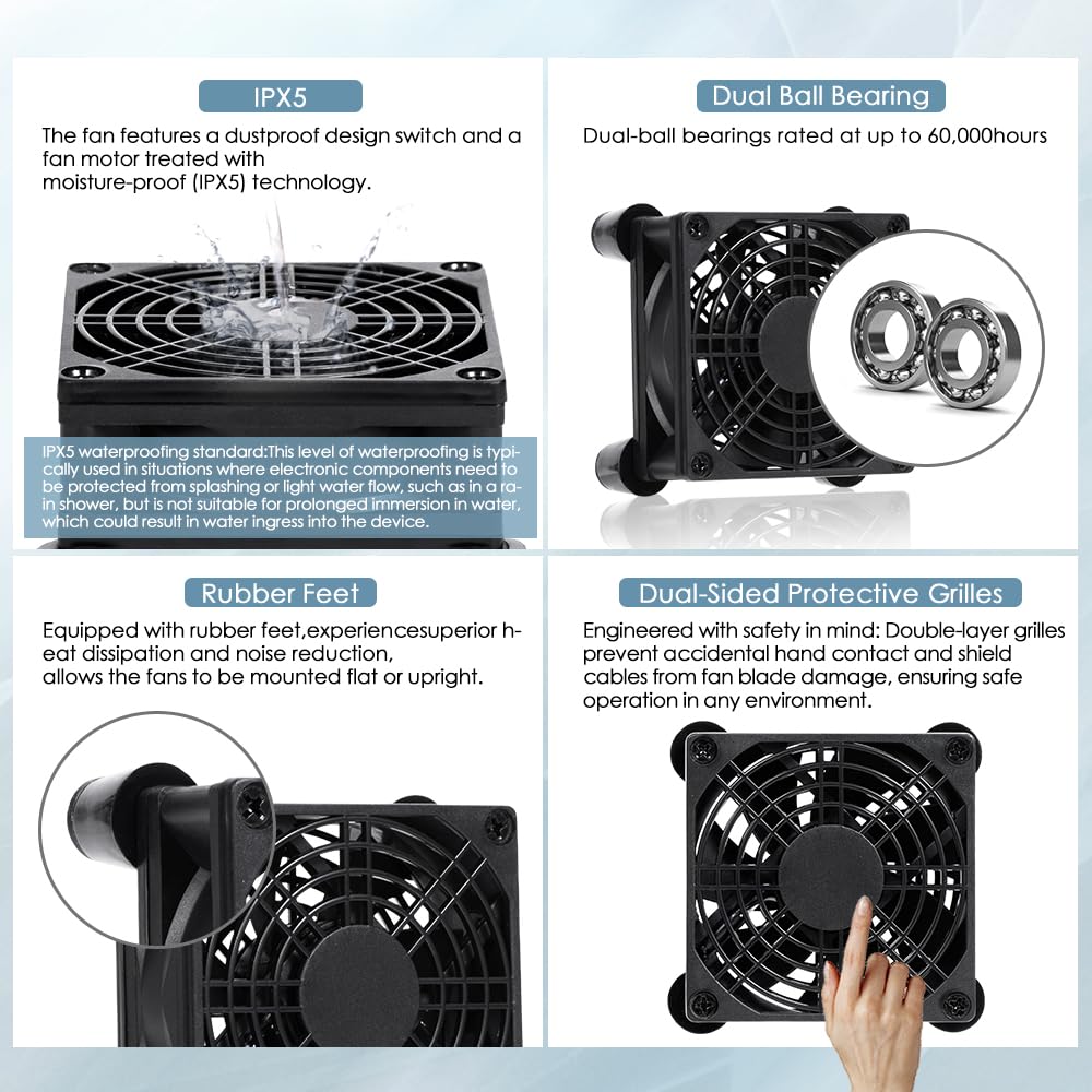 xiaoqijia 80mm 10-Speed IPX5 5V 12V Adjustable Cooling Case Fan for Receiver DVR Xbox TV Box Router USB/DC Power