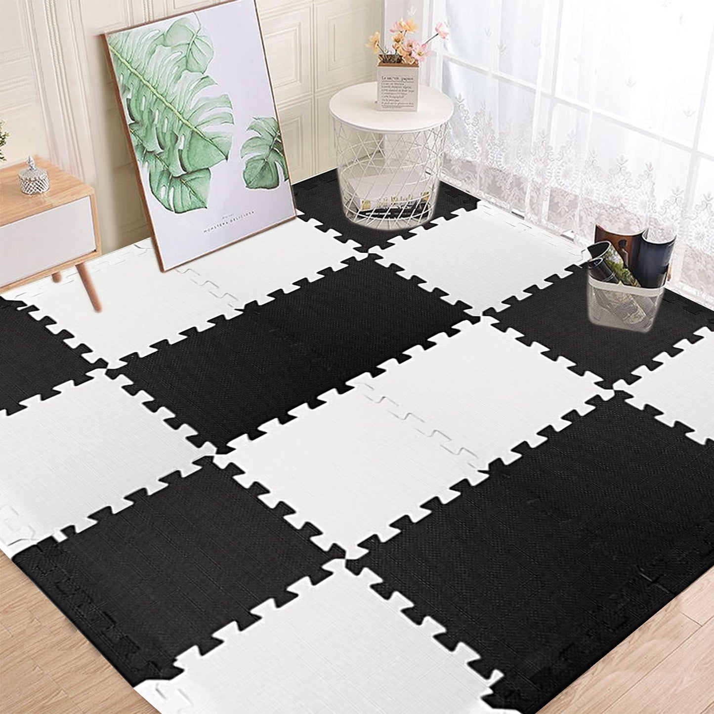 DEAYOU 16 Tiles Interlocking Foam Mat Floor Tiles, 12" x 12" EVA Foam Puzzle Mat with Borders, 0.4" Thick Soft Protective Exercise Padding Mats for Fitness, Play, Gym, Black and Cream White