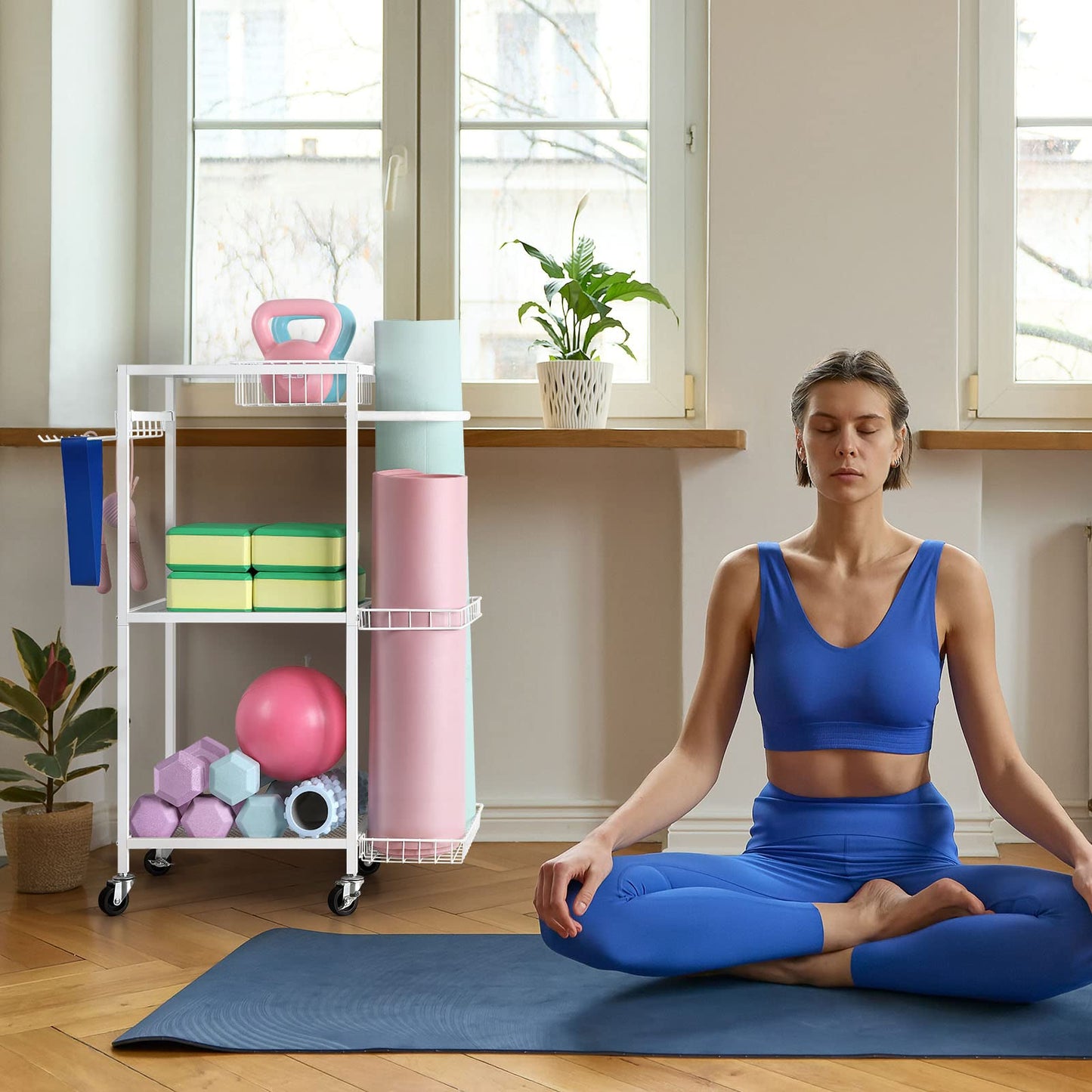 Weight Rack for Dumbbells Yoga Mat Storage Rack Home Gym Equipment Storage Rack Workout Equipment Storage Cart with Hooks for Yoga Mats, Dumbbells, Kettlebells, and Resistance Bands, White