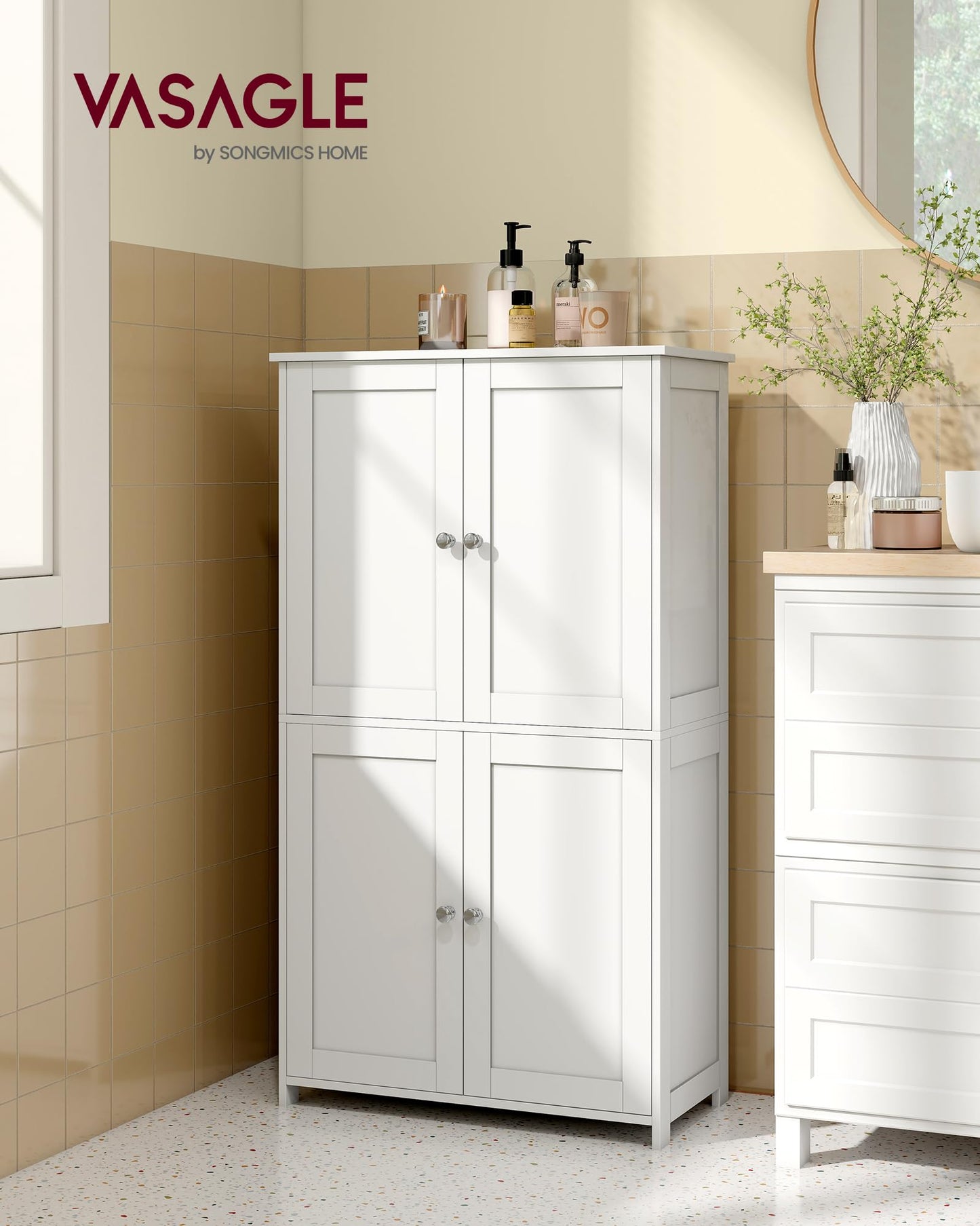 VASAGLE Floor Storage Cabinet, Shaker Cabinet with 2 Adjustable Shelves, 4 Doors, Tall Freestanding Organizer Unit, for Kitchen Bathroom Living Room, Cloud White UBBC553WH01S