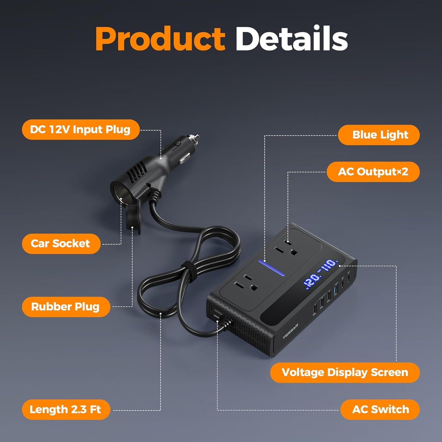 TESSAN 200W 12V 110V 2 6 36W 3.0 Car Power Inverter, DC to AC Converter with AC Outlets and USB Ports with USB-C, Car