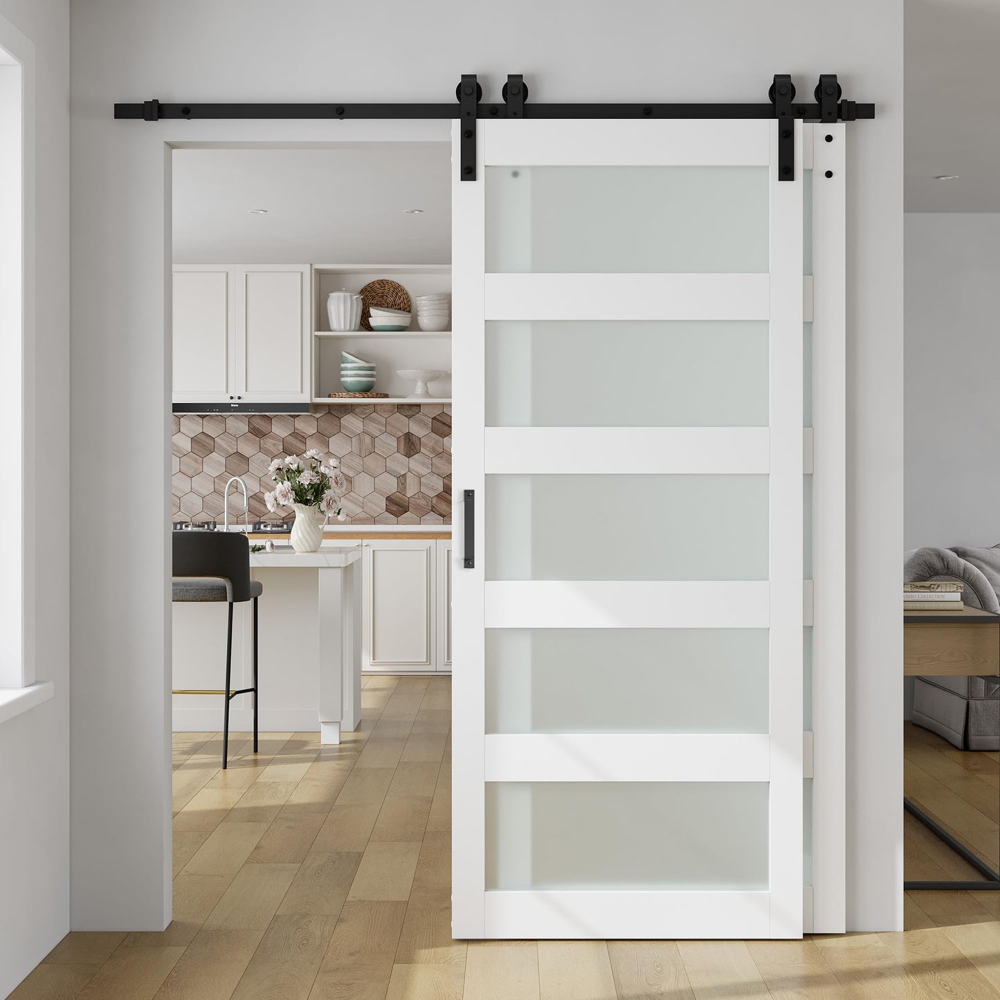 SmartStandard 48in x 84in Double Glass Sliding Barn Door with 8FT Bypass Sliding Barn Door Hardware Kit, 5-Panel Frosted Glass,Waterproof, Save Space, Easy Install, Fit 84"-88" Openning, White