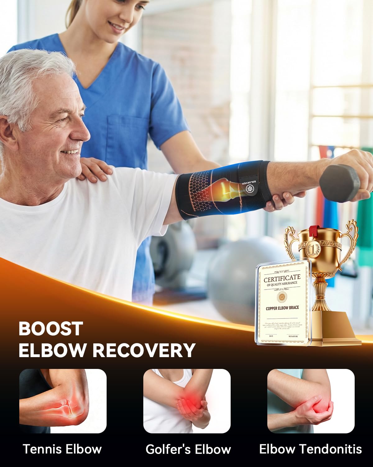 SOLOEVER Copper Elbow Compression Sleeve with Adjustable Strap [Medical-Grade ＆ Targeted Support] Elbow Brace for Tendonitis and Tennis Elbow - Elbow Support for Weightlifting, Golfers, Arthritis, Bursitis - Fit for Men & Women