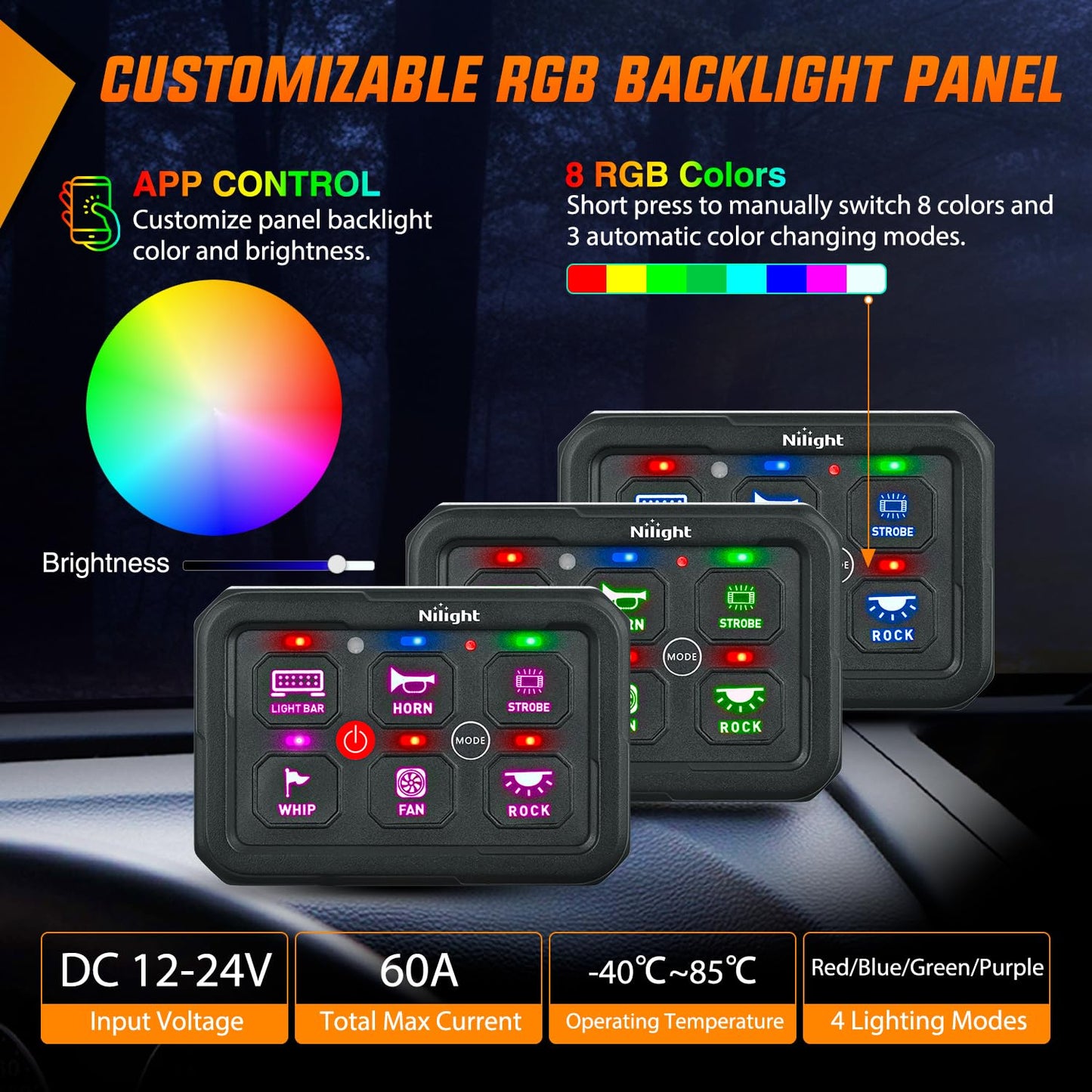 Nilight 6 Gang Switch Panel Circuit Control Relay System APP RGB Backlight Fuse Wiring Harness Toggle Momentary Strobe Flash Modes Automatic Dimmable 12V 24V ON Off Pod for Car Truck Camper SUV