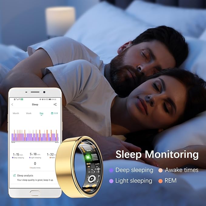 Health Tracker Ring, Smart Health Ring for Women Men with Heart Rate, Blood Oxygen, Sleep Monitor, Steps,Calories, No Subscription Fee, IP68 Waterproof Smart Ring for iPhone & Android (Gold, 6#)