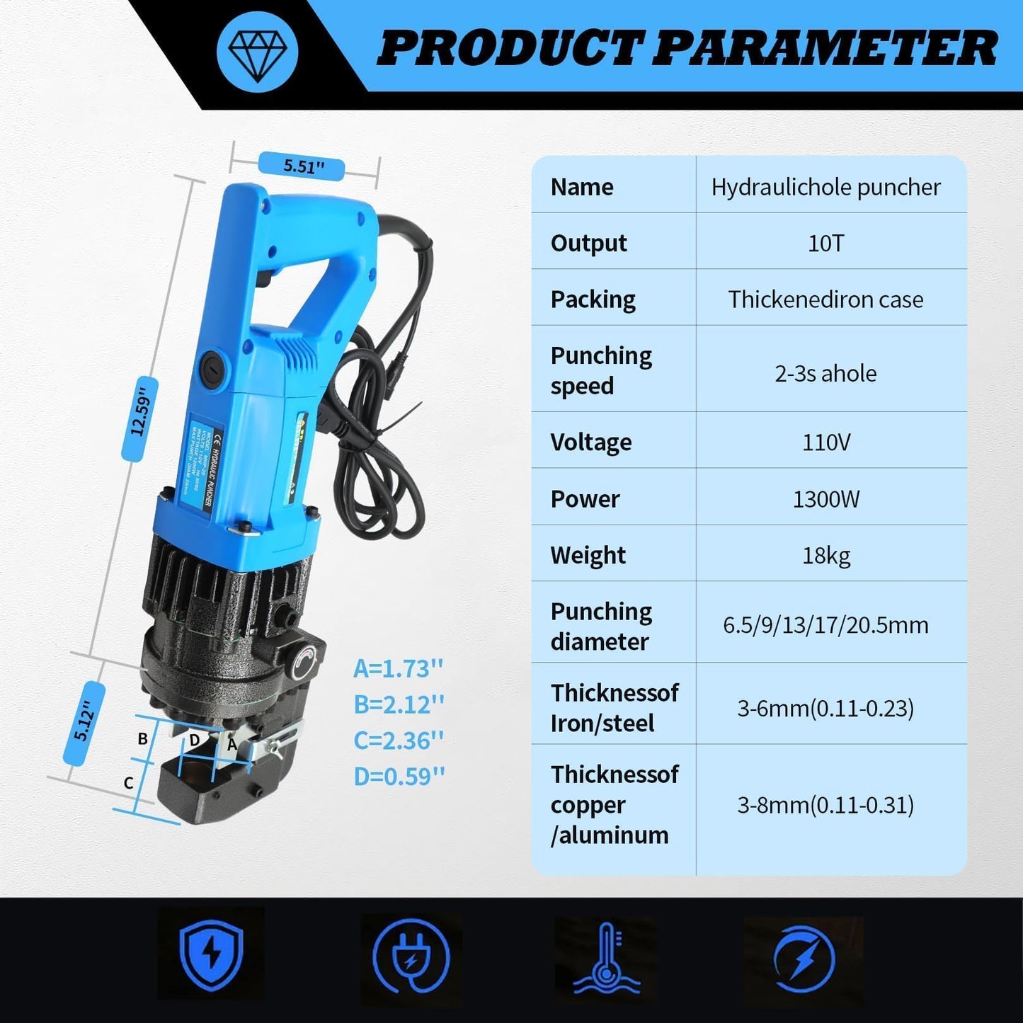 Jecoupoon 1200W 110V Electric Hydraulic Hole Punch Hydraulic Hole Punching Tool Metal Punch Compatible with Steel Copper Aluminum Iron Alloy (Upgrade Version)