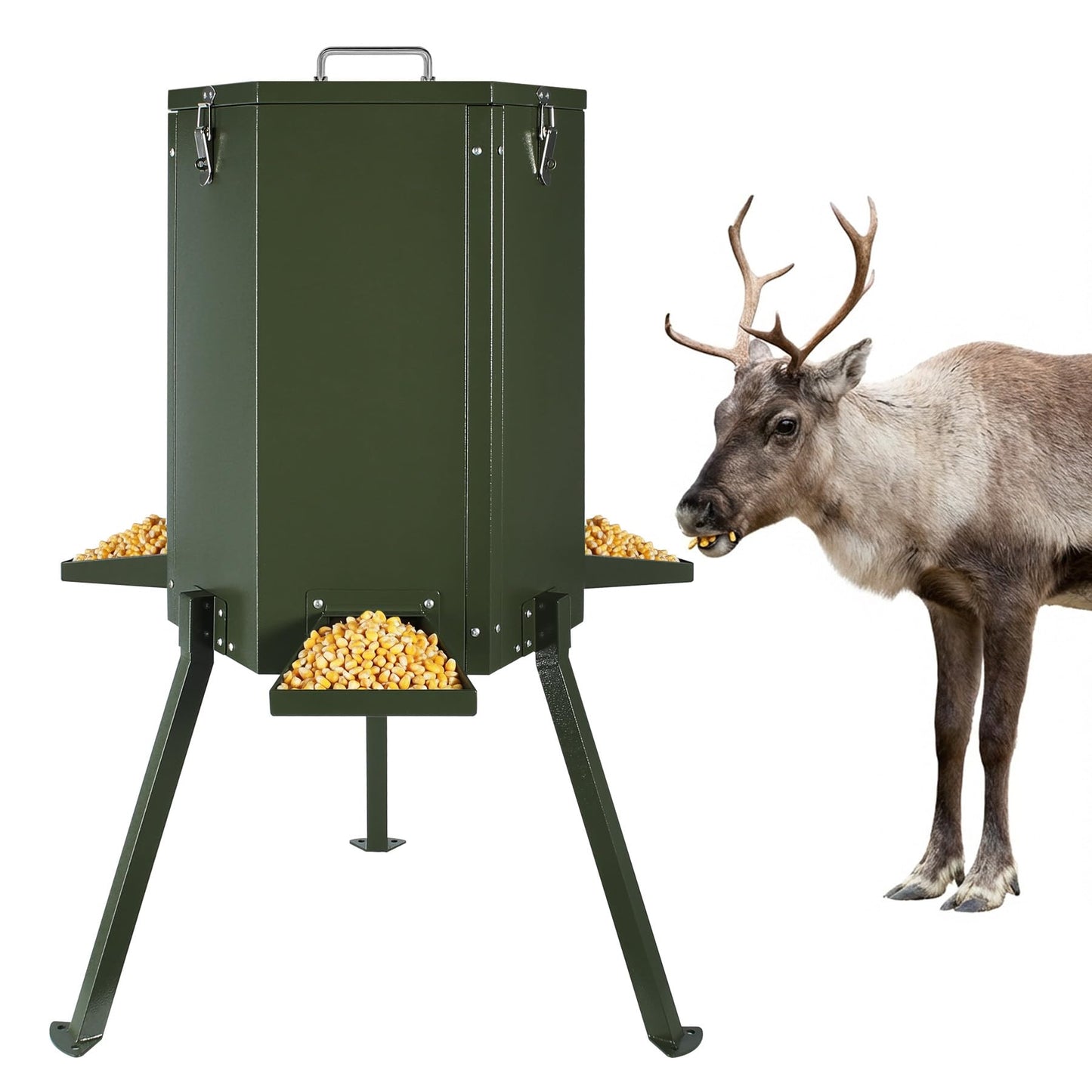 AELIVET Automatic Deer Feeder 50–75 LB,Gravity Deer Feeder with Lid & Lock,with Feeding Tray and 3-Leg Stand, Weatherproof Outdoor for Hunting,Farm,Wildlife Feeding
