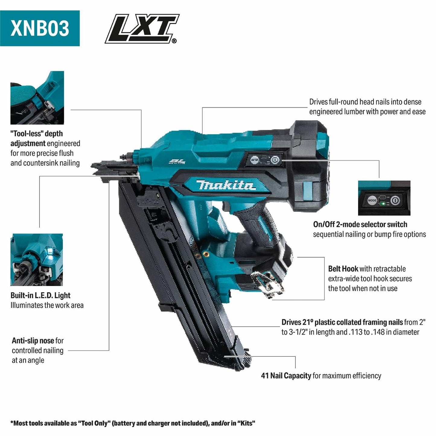 Makita XNB03Z 18V LXT® Lithium-Ion Cordless 21º Full Round Head 3-1/2" Framing Nailer, Tool Only