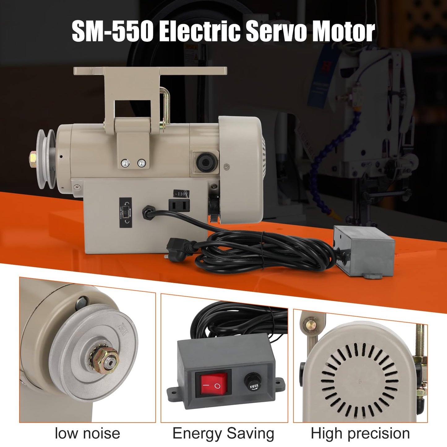 Sewing Machine Servo Motor, 550W Electric Servo Motor, AC110V, 3/4HP, 3450RPM，Industrial Servo Motor with Carbon Brush, Energy Efficient, Quiet Operation, Instructions