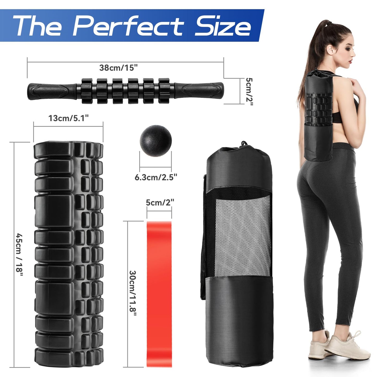 Krightlink 5-in-1 Foam Roller Set, Massage Roller Stick, Massage Ball, Resistance Band for Deep Muscle Massage, Trigger Point Release, Pilates, Yoga (Black-18(5 in 1))