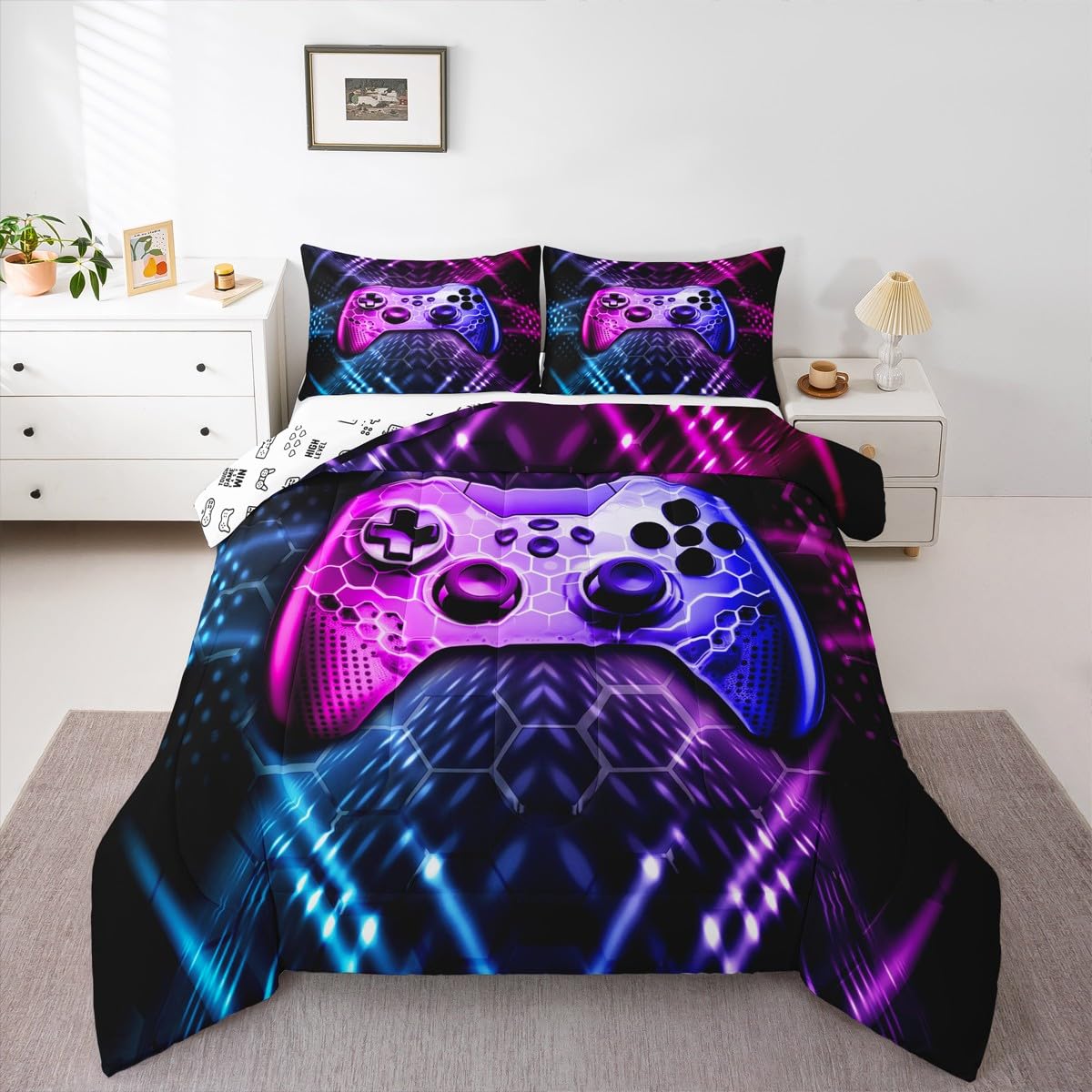 Castle Fairy Teens Gamepad Comforter Set,Modern Gamer Reversible Down Comforter Twin Size for Kids Boys Children Youth,Video Game Bedding Set Player Gaming Duvet Insert for Bedroom,Blue Pink
