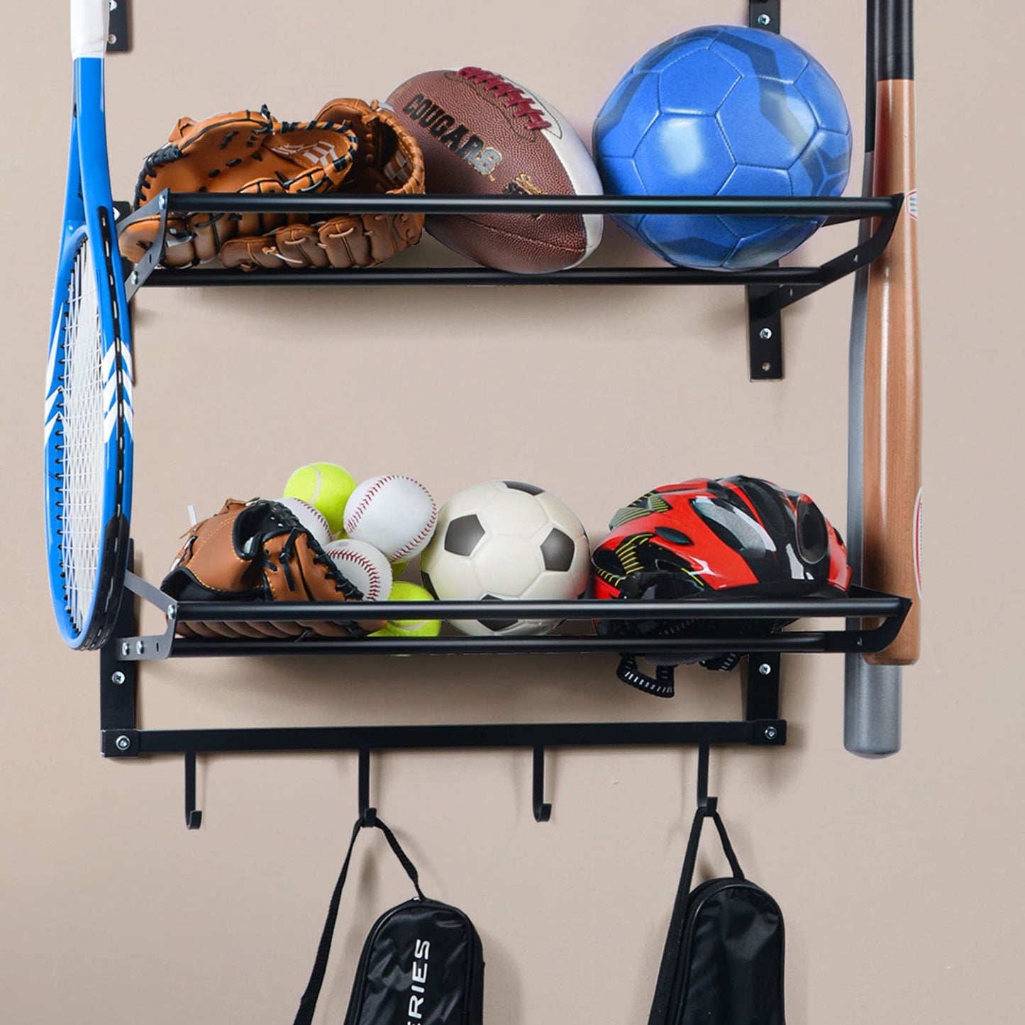 XCSOURCE Sports Equipment Organizer, 3-Tier Ball Storage Rack with Bat & Racket Holders, Wall Mounted Garage Sports Gear Storage Shelf with 4 Hooks for Balls, Helmets & Accessories (Glossy Black)