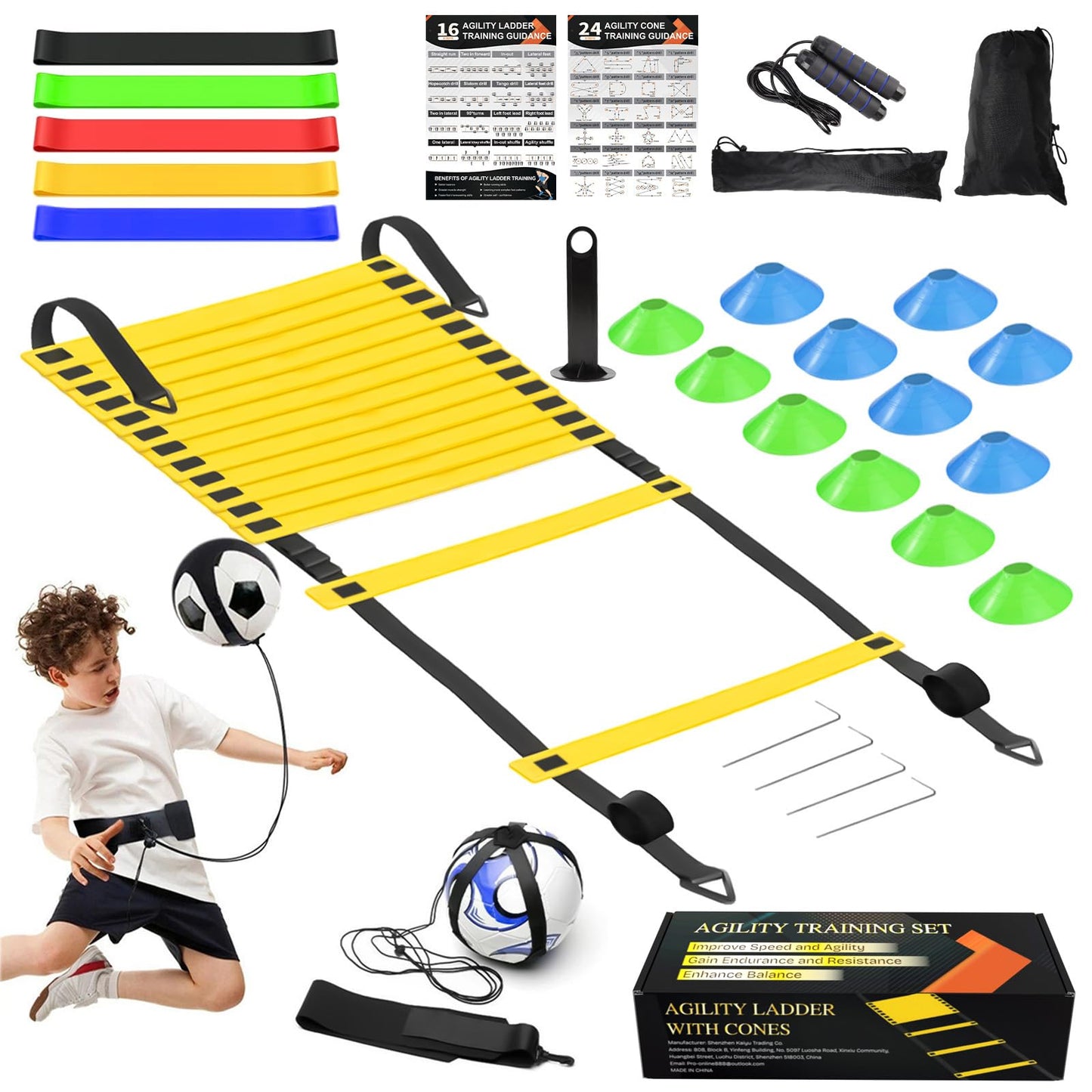 grestar Speed Agility Training Equipment Set, Agility Ladder 20ft, 12 Football Cones, Soccer Kick Trainer, Jump Rope, 5 Resistance Bands, Football Soccer Basketball Fitness Drills for Kids Adults