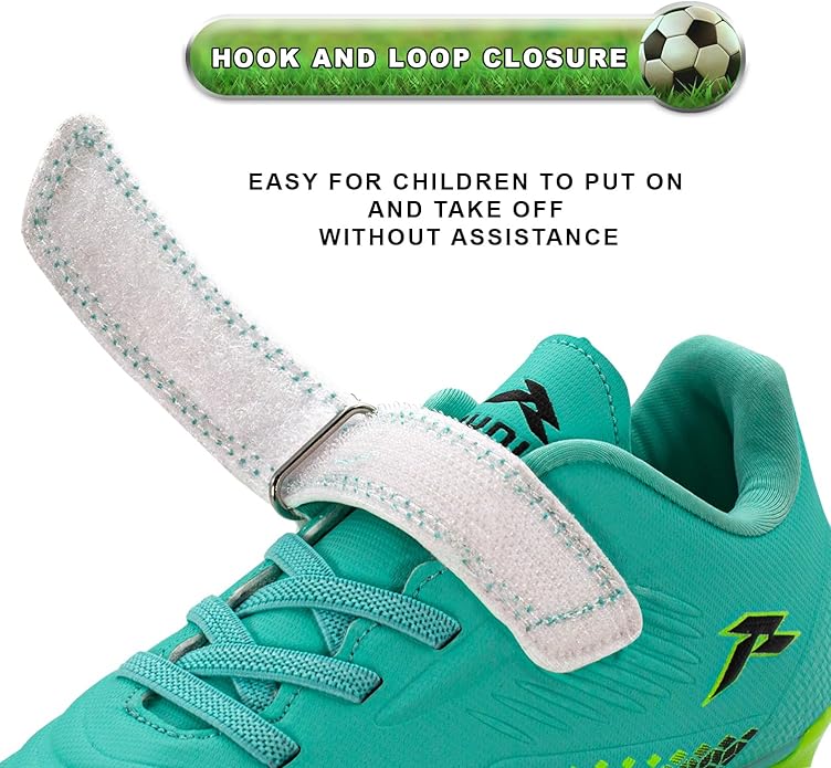 RUNIC Kids Soccer Cleats for Boys and Girls - Small and Big Kid Athletic Outdoor Football Shoes - Firm Ground - Hook and Loop Closure - Black/Gold