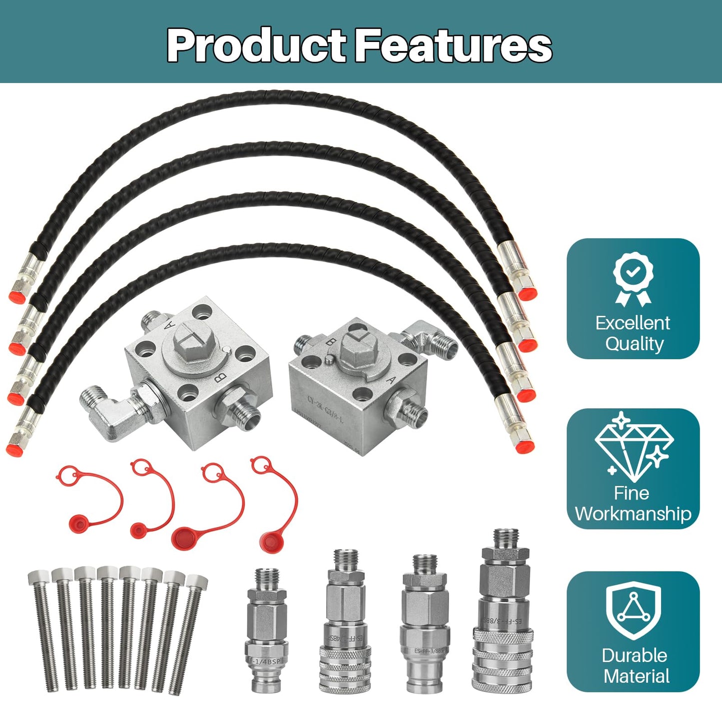 3 Way Hydraulic Diverter Valve Kit for 1-2 Ton Chinese Mini Excavator – Heavy-Duty Alloy Steel Valve w/Quick Connect 31-Inch Flexible Hoses, Excavator Hydraulic System Attachment