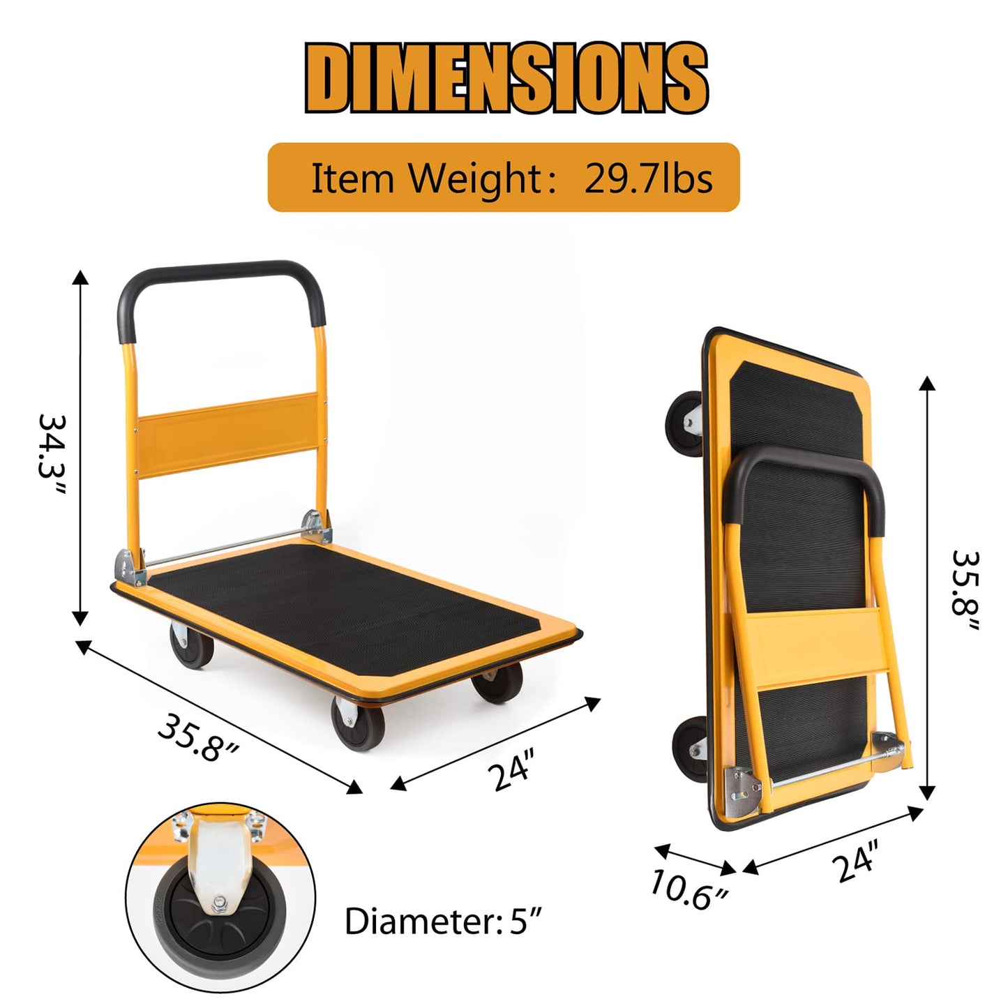 LEADALLWAY Platform Truck Large Size 880lbs Heavy Duty Foldable Push Cart 35.8x24x34.3inches Yellow