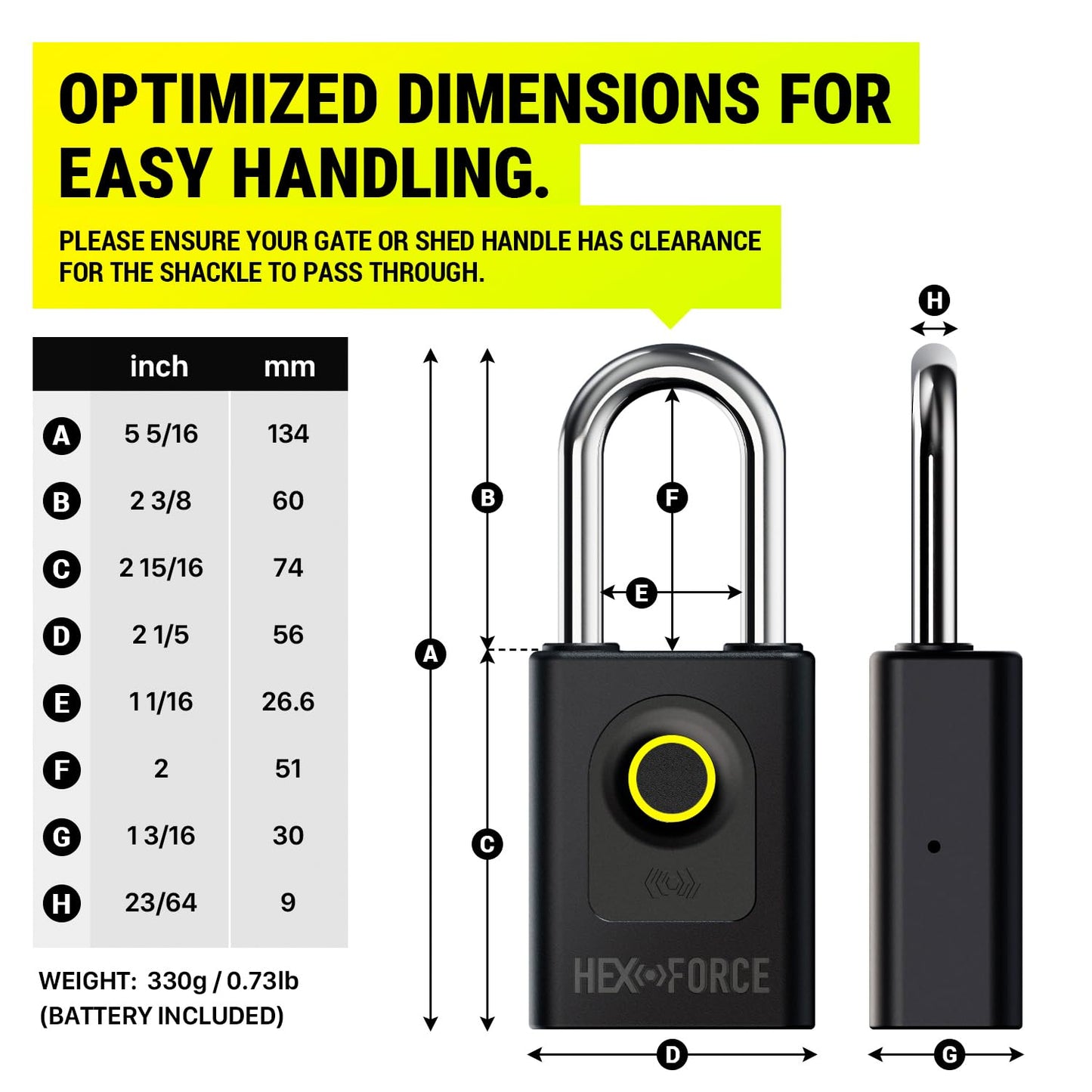 Smart Fingerprint Padlock - HEXFORCE G1, Heavy Duty Dual-Ball Locking, IP67 Weatherproof, Keyless Biometric and Bluetooth Control, W56*H134MM, Long Shackle Designed for Outdoor Shed Fence Gate Garden