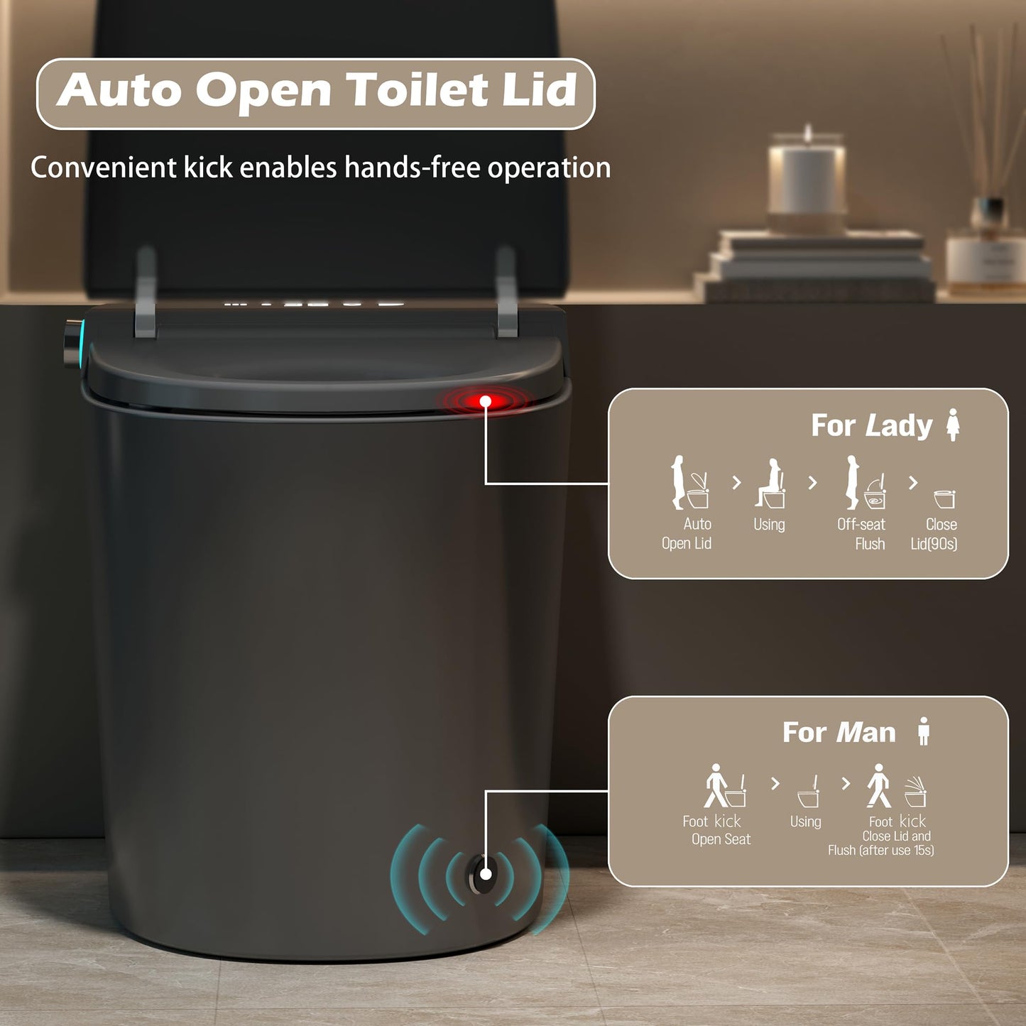 WinZo Smart Toilet with Bidet Built in, ADA One-Piece Toilet Auto Open/Close & Flush, Heated Seat, Front & Rear Wash, LED Display, Night Light, 12-inch Rough-in (Matte Grey)