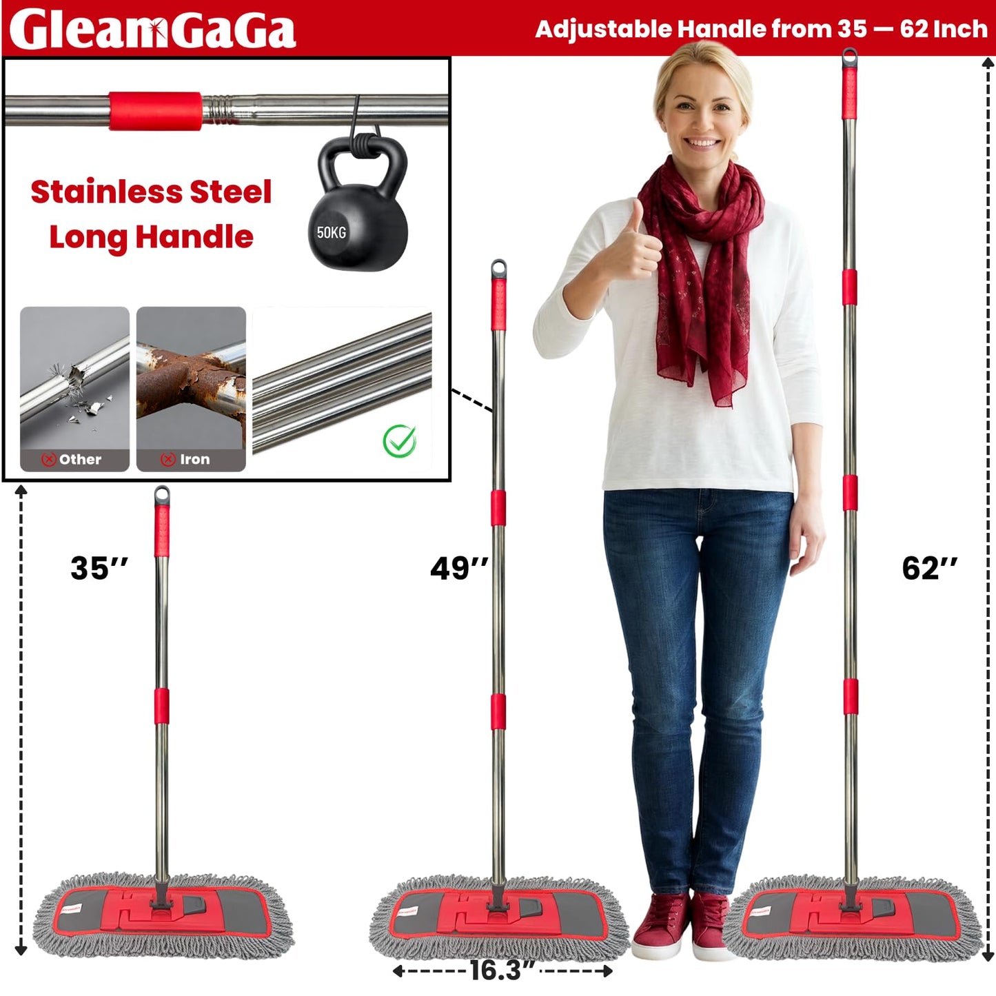Dust Mop for Floor Cleaning with 4-in-1 Washable Pad System, Wet & Dry Multi-Purpose Mop with Built-In Scraper and Extra-Long 62'' Stainless Steel Handle for Hardwood,Vinyl,Laminate,Tile,Marble Floors