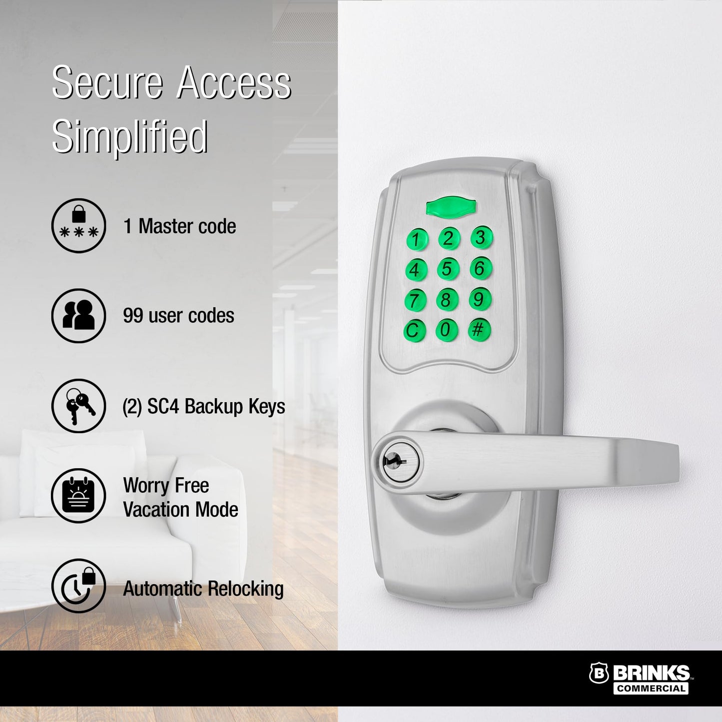 BRINKS ANSI Grade 2 Keypad Door Lock with Handle for Commercial & Residential Use, Keyless Entry Door Lock, 99 User Codes, Auto-Relock, Battery with Backup Keyway (Satin Nickel)