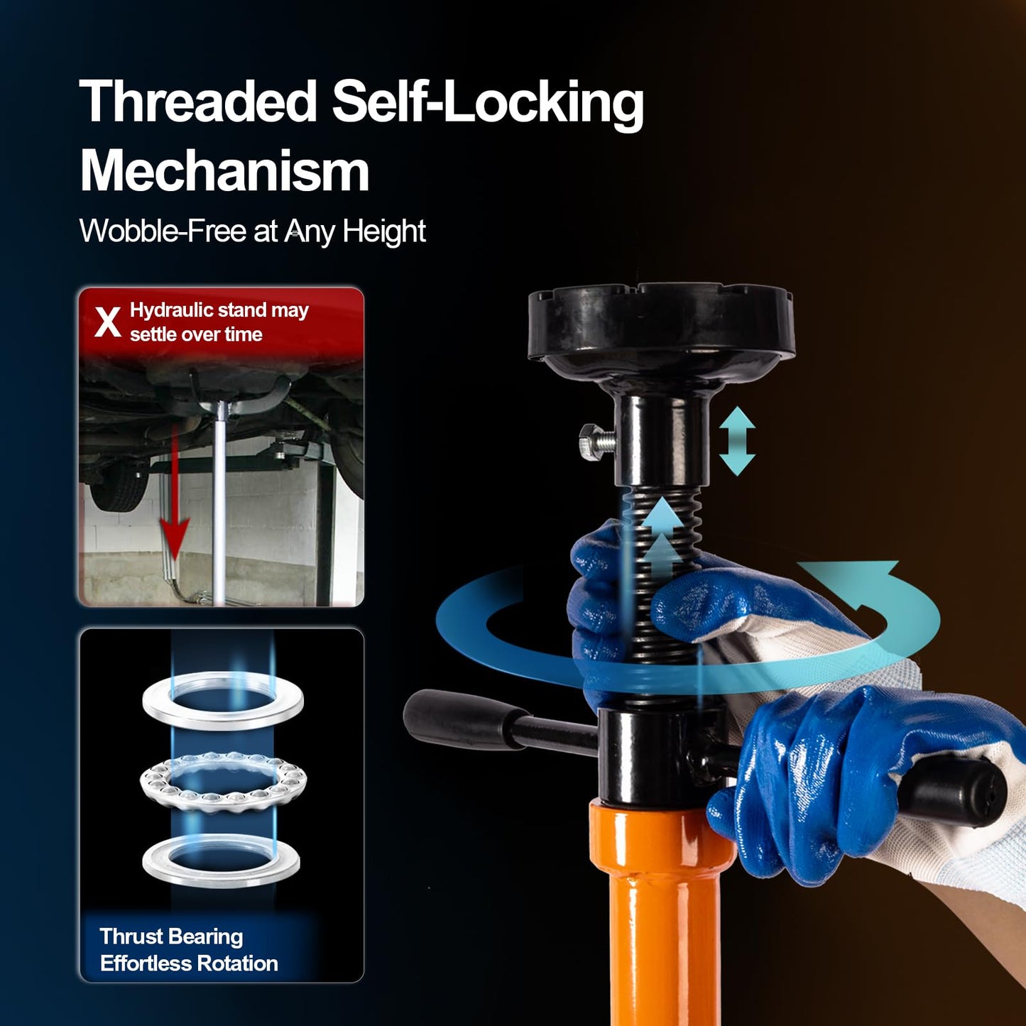 Underhoist Support Stand, 1-Ton Capacity, 3-Section Adjustable Height 34.8'' to 70.9'', Self-Locking Threaded Screw with Thrust Bearing Pole Jack, 2 Replaceable Saddles for Vehicle Component Support