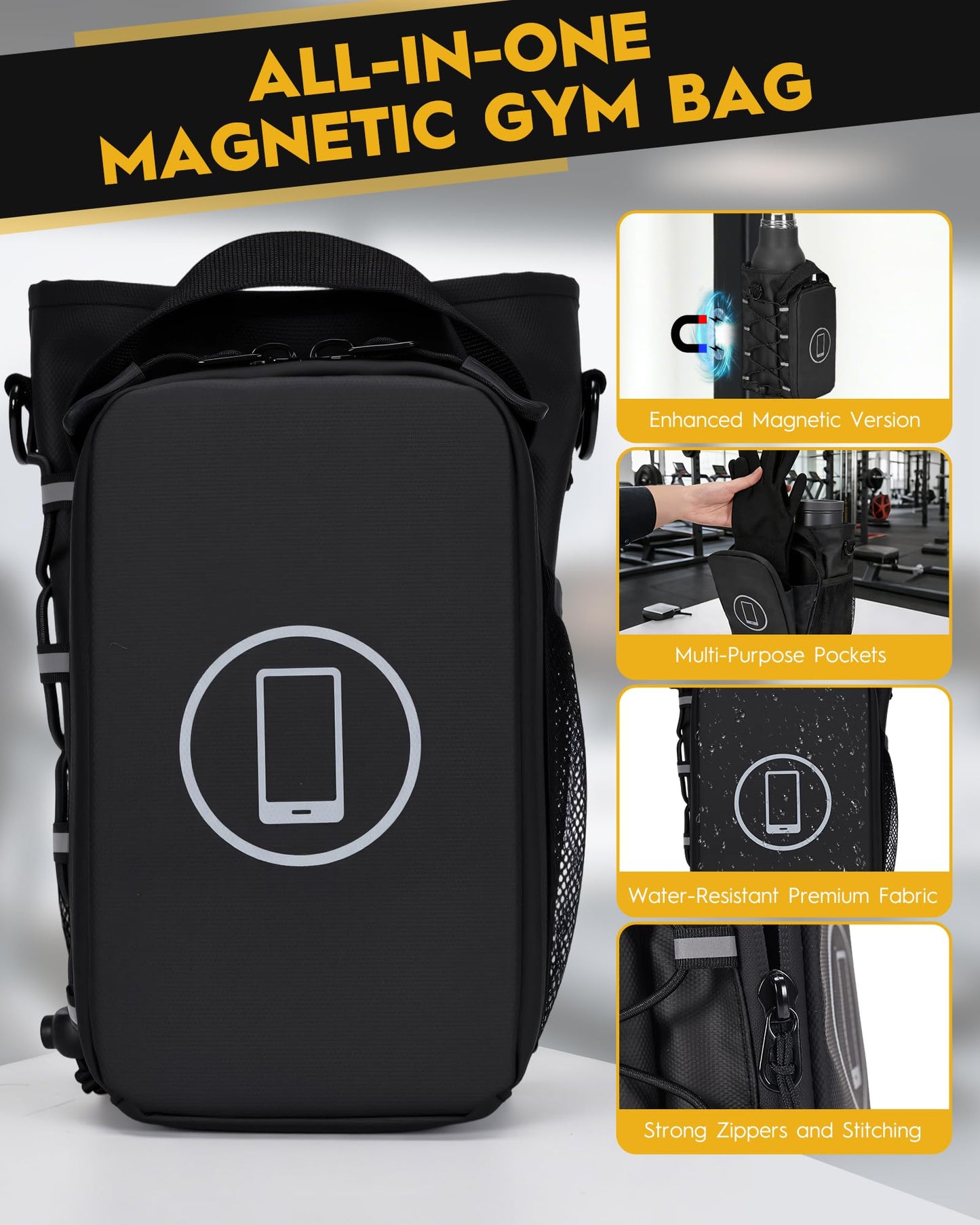 MKZ Magnetic Gym Bag for Men & Women – Strong Magnetic Phone Holder for Gym Equipment, Water Bottle Bag Crossbody with Phone Mount & Water Bottle Holder, Ideal for Workout, Running, Hiking, Travel