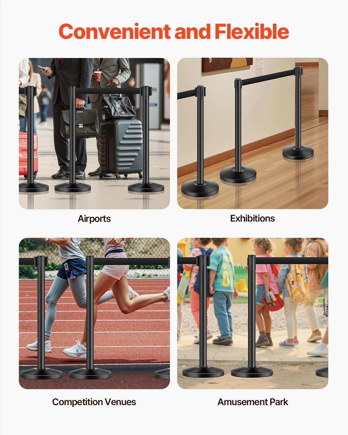VEVOR Stanchion Post, 4 Pcs Stanchions with Retractable Belts, Carbon Steel Black Stanchions Queue with Sand Injection Hollow Base, Crowd Control Barriers for Theaters, Parties, Weddings, Exhibitions