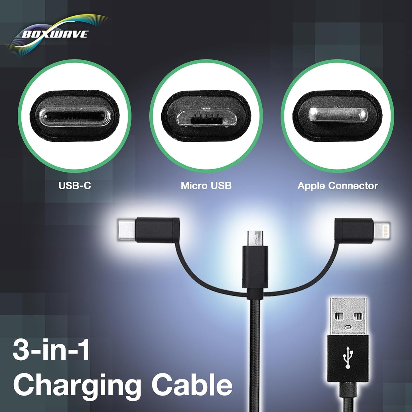 BoxWave Mp3 (1.8 3-in-1 Cable Compatible with Gracioso Player in) - AllCharge Cable - Jet Black