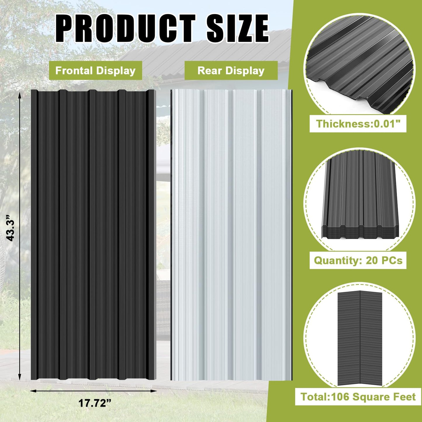 Yaocom 20 Pack Black Corrugated Metal Roof Panels, 106 Sq.ft Cover with Screws, Sleek Finish for Modern Shed, Patio Cover and Outdoor DIY Projects, Black