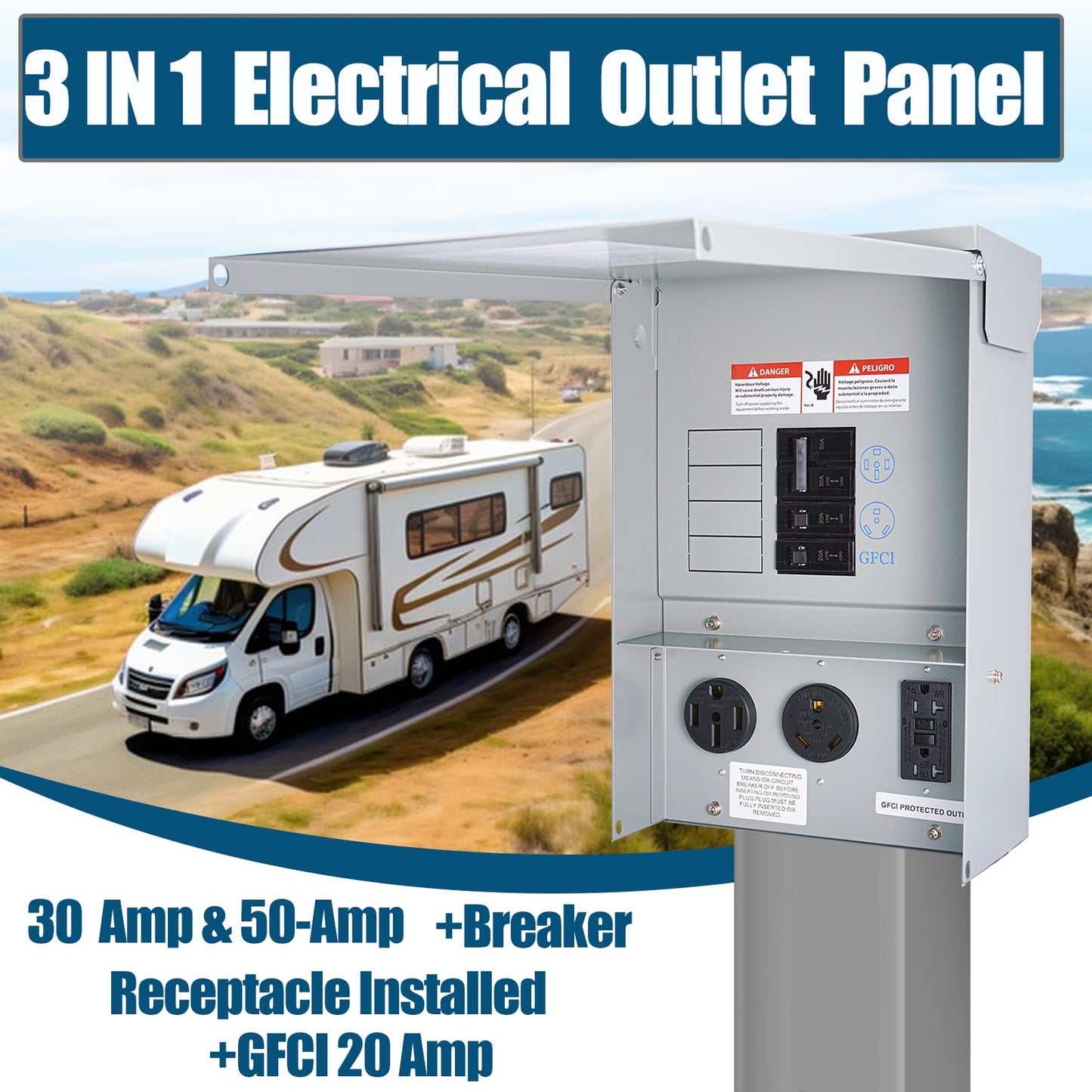 RV Electrical Panel Temporary Power Outlet Panel with Prewired Circuit Breaker Box 20 30 50 Amp Receptacle Installed Power Outlet Weatherproof for Hookup RV Camper Travel Trailer Motorhome