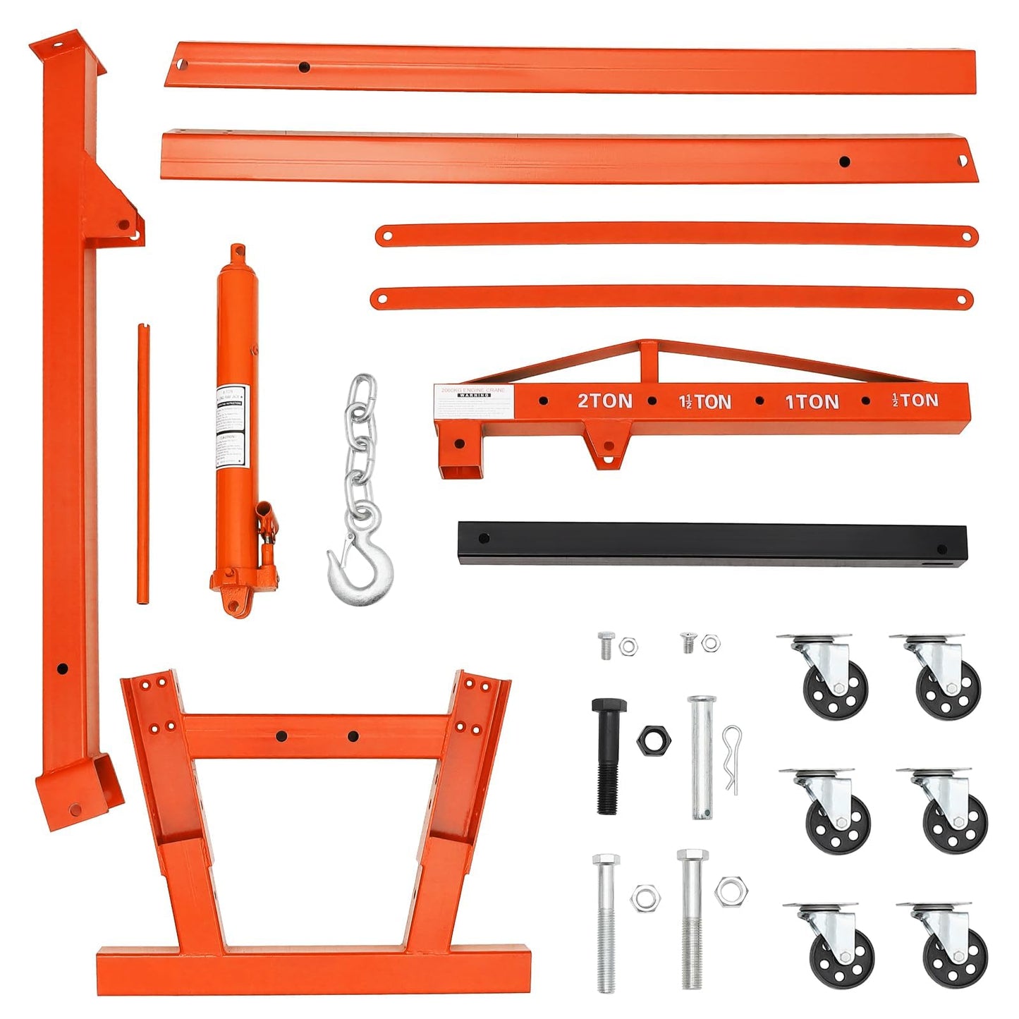 2-Ton Folding Engine Hoist Cherry Picker 44 Lb Capacity Hydraulic Shop Crane with Telescoping Boom 6 Caster Wheels for Automotive Repair Garage Use Includes Hitch and Storage Stand Orange