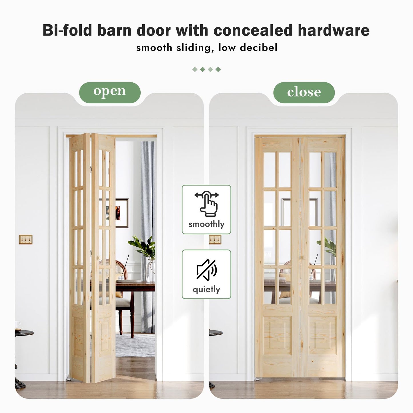 Roymelo Bifold Doors for 28"×80" Opening, Clear Glass French Interior Folding Barn Door with Concealed Hardware Kit Included, Spruce Wood Support DIY Dyeing, Preassembled Door, Save Space