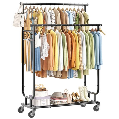 Ekisemio Heavy Duty Clothes Rack, Rolling Clothing Rack With Shelves Load 450 LBS, Double Rod Clothing Racks with Wheels for Hanging Clothes, Black