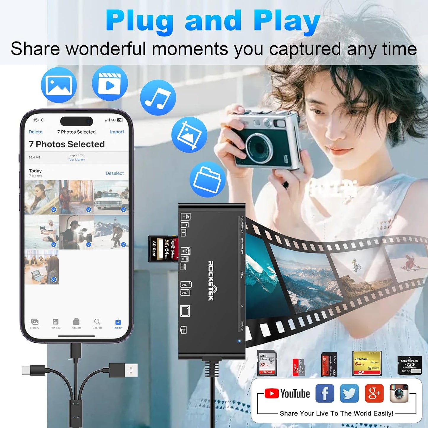 MTAKYA 7-in-3 USB3.0 5Gbps Multi Memory Card Reader, USB C Lighting Multi Card Reader for SD TF CF XD MS,SD Card Reader
