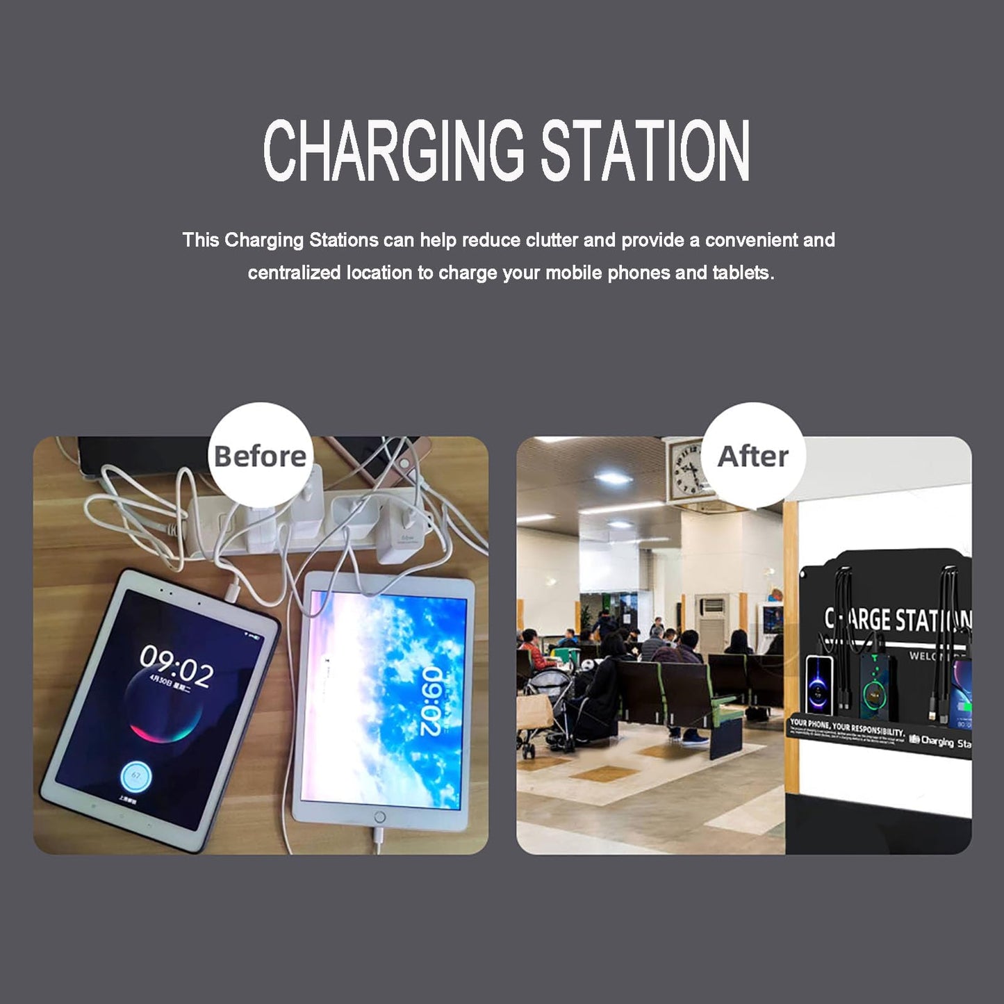 Wall Mounted Cell Phone Charging Station Mobile Phone Charging Station | Fast Charging 8 Device | Compatible with iphone ipad Smartphone Tablets Port | Great for Offices Hotel Hospital Airport (Black)