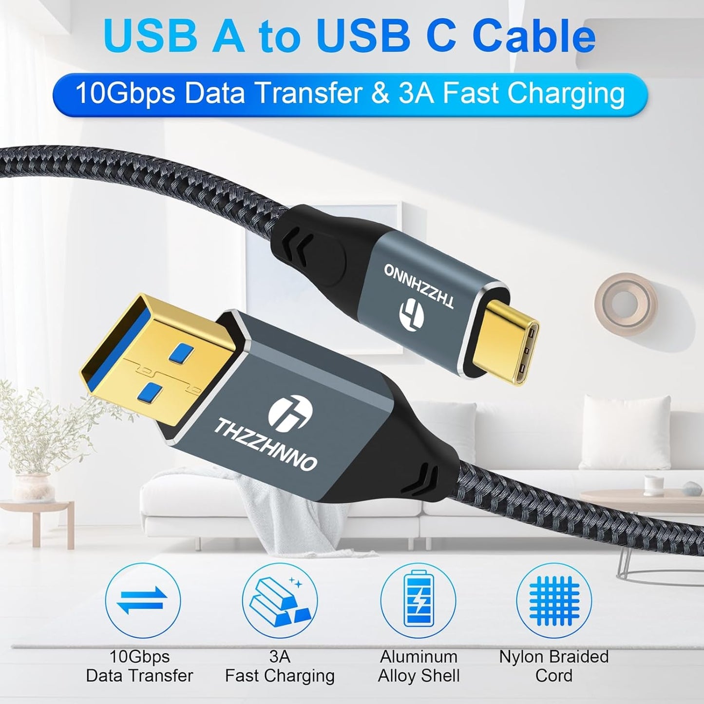 10FT 2Pack, 3.1 3.2 Gen2 10Gbps 15/MacBook USB A to USB C Cable USB USB Data Transfer Cord for Samsung Galaxy/iPhone
