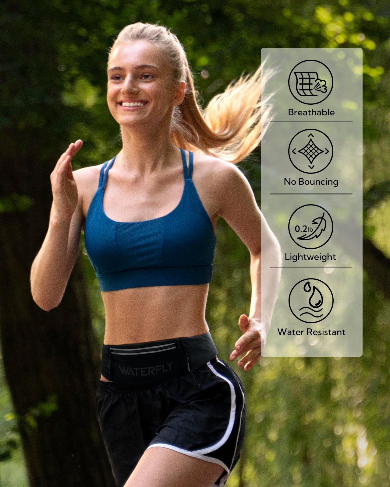 WATERFLY Running Belt Fanny Pack: Breathable 3 Pocket Waist Bag for Men Women Workout Exercise Fitness Phone Holder Fits All Phones - Runner Marathon Jogging Race Belt with Bib Clip Black