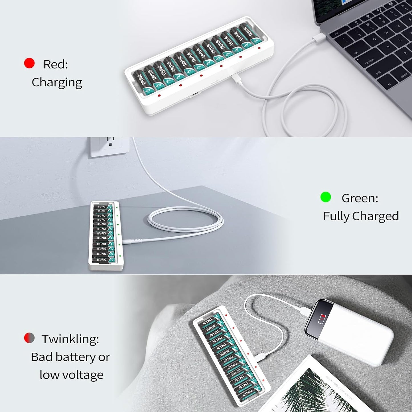 DLYFULL 12 Bay AA AAA Battery Charger, USB and Type-C Selectable High-Speeding Charging for Ni-MH Ni-CD Rechargeable
