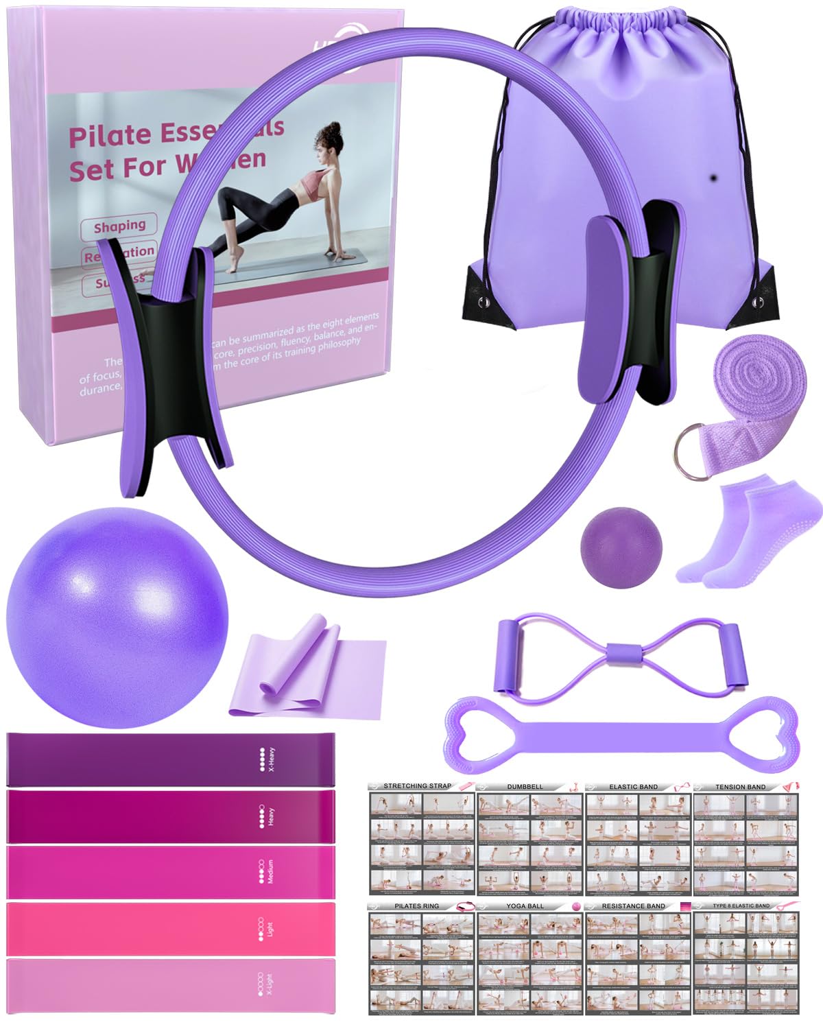 KABCON Pilates Kit for Home, Women Beginners Workout Essentials Set with 13" Ring, 9.8" Ball, Resistance Bands & Guide, 13/14/16 PCS Compact Pilates Equipment