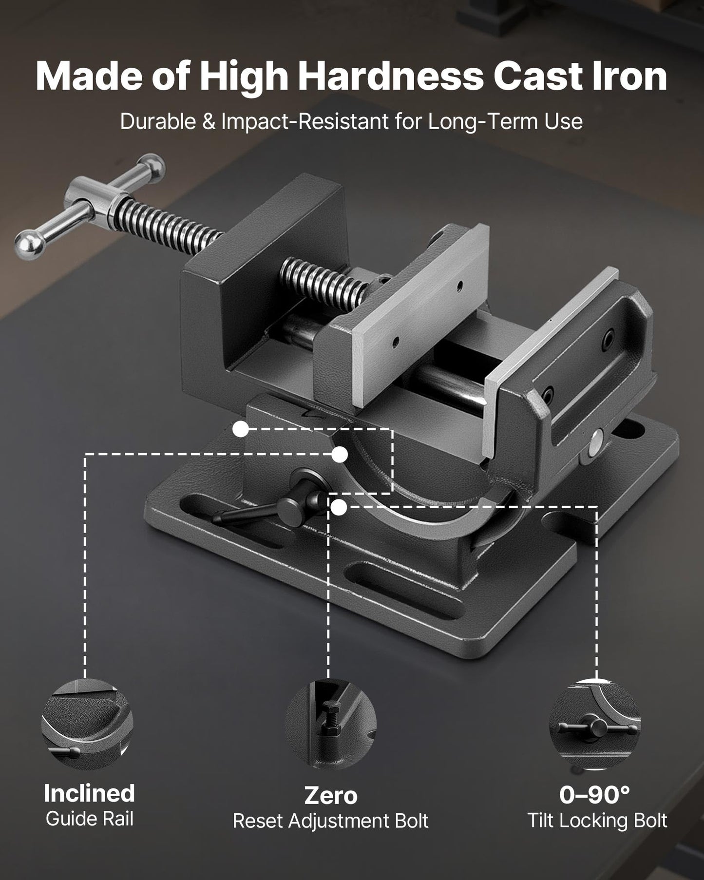VEVOR Tilting Vise, 4.25 Inch Jaw Width, Portable Drill Press Bench Vise, 0–90° Adjustable Tilt, Durable Cast Iron Construction, Workbench Vice for Woodworking, for Benchtops and Drill Presses, Black