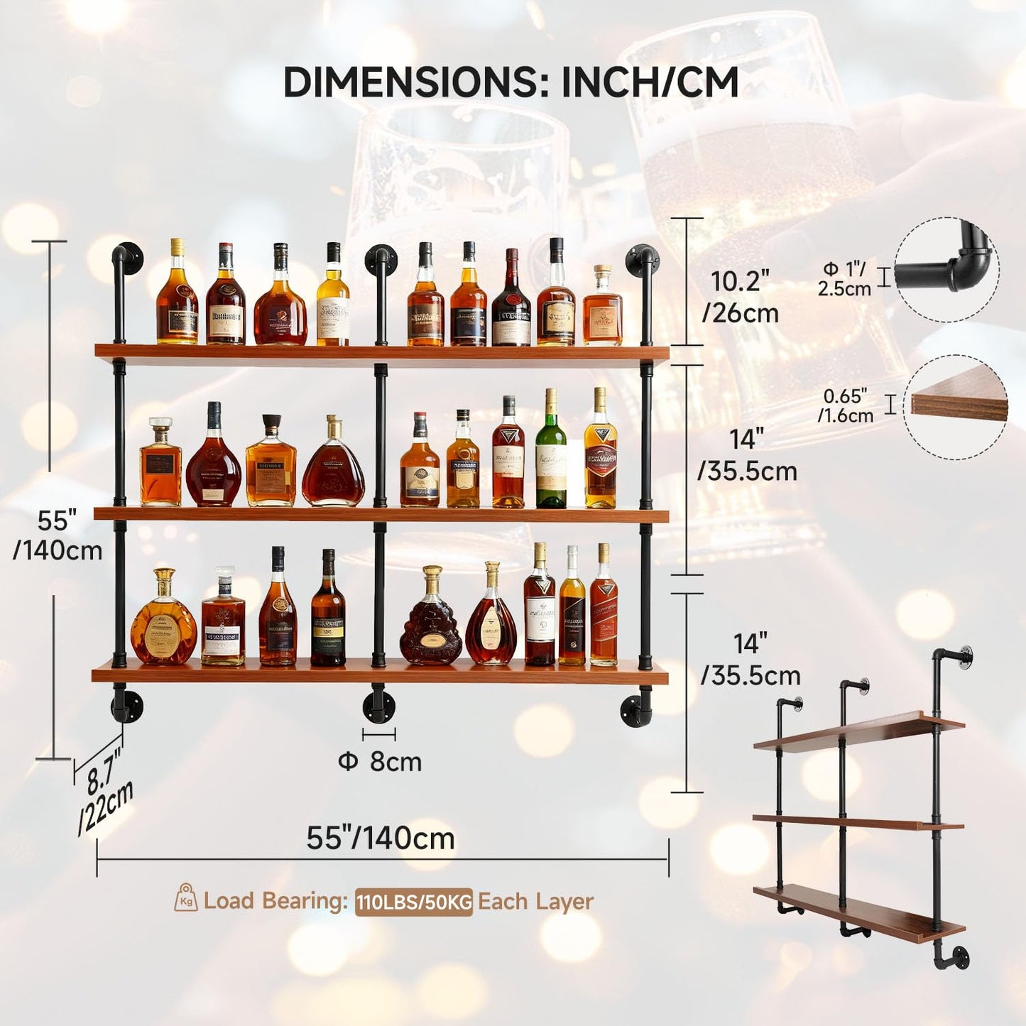 55" Modern Wall Mounted Wine Rack with LED Lights, 3-Tiers Industrial Pipe Liquor Floating Shelves, Rustic Metal Wall Wine Rack for Home, Restaurant, Commercial Bar, Kitchen Storage Display