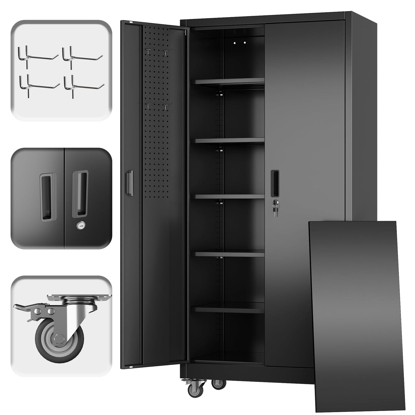 Reemoon Metal Storage Cabinet with Wheels and Pegboard, 71" Tall Garage Storage Cabinet with 5 Adjustable Shelves and Locking Doors, Heavy Duty Steel Utility Cabinet for Office