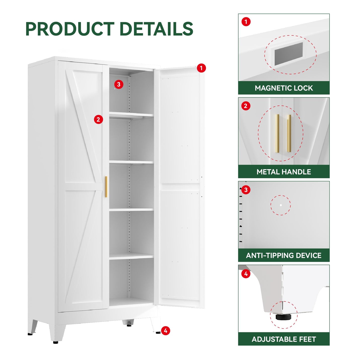 YNIQUESTLE Kitchen Pantry Cabinet,71" H x 31.5" W,Metal Farmhouse Storage Cabinet with Adjustable Shelves and Barn Doors,5-Tier Storage Cabinet for Kitchen Dining Room Garage,White 1 Pack