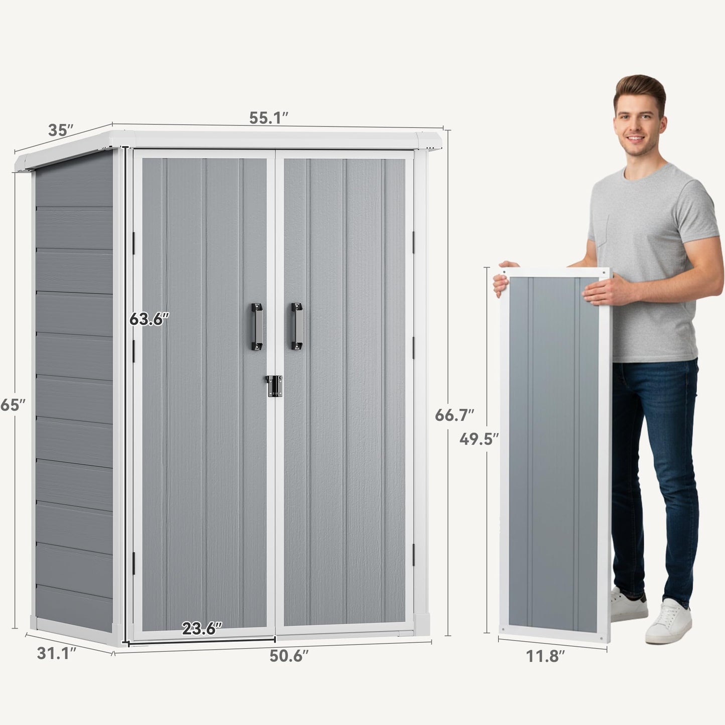 DWVO 5X3FT Outdoor Vertical Storage Shed with 2 Shelves, 60 Cu Ft Waterproof Resin Garden Shed with Floor & Lockable Door, Plastic Tall Tool Cabinet for Garbage Can, Lawn Garden Supplies, Gray