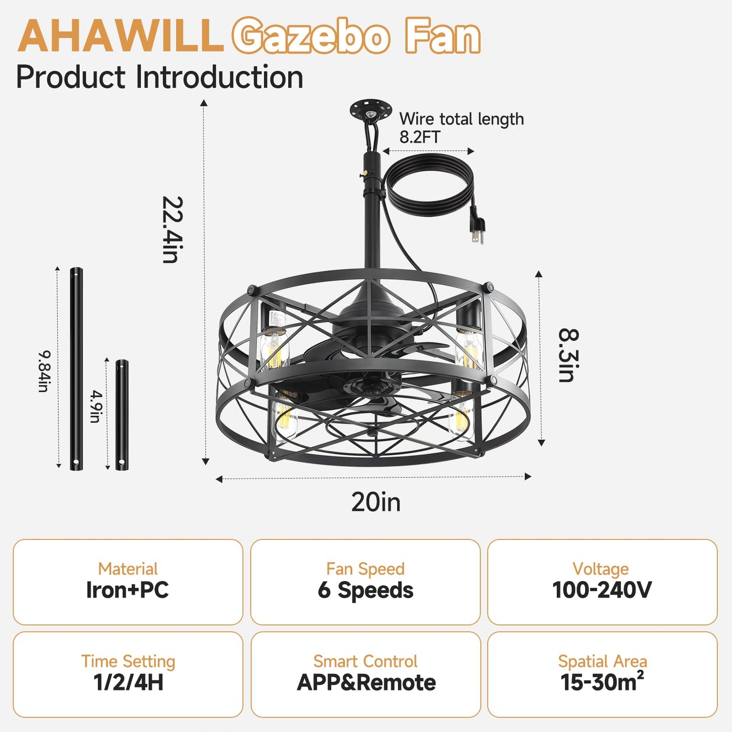 AHAWILL Outdoor Ceiling Fan with Light,20" Gazebo Fan Remote Control,Outdoor Hanging Fan,6 Speeds and Timing,Plug in Caged Ceiling Fan for Patio,Farmhouse,Porch,Pergola.Black